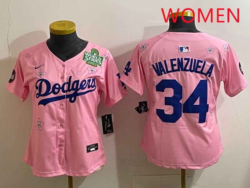 Women Los Angeles Dodgers 34 Valenzuela Pink Sakura Edition 2025 Nike MLB Jersey style 38